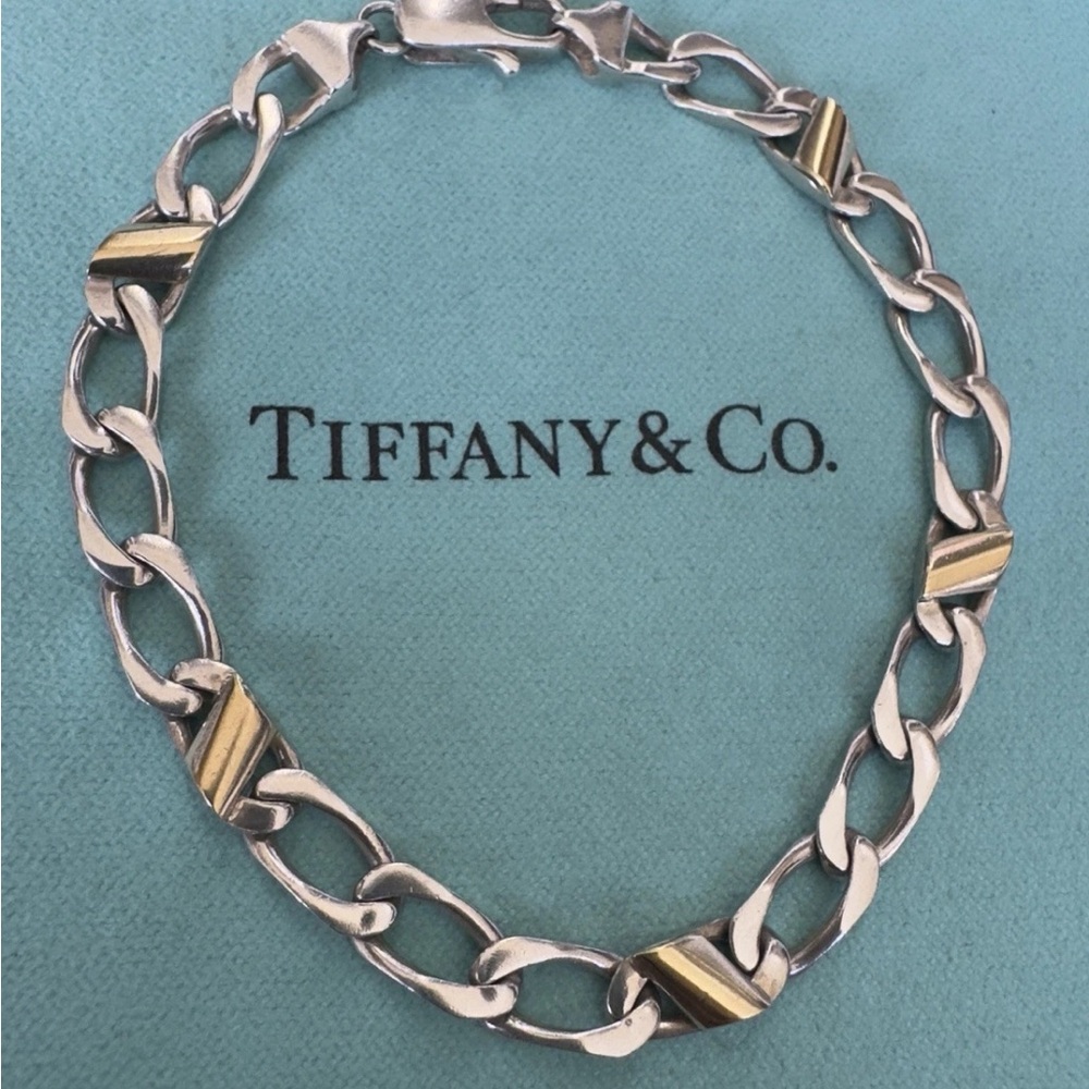 Tiffany & Co Sterling Silver 18K Gold Figaro Bracelet Cuban Link 7.5”